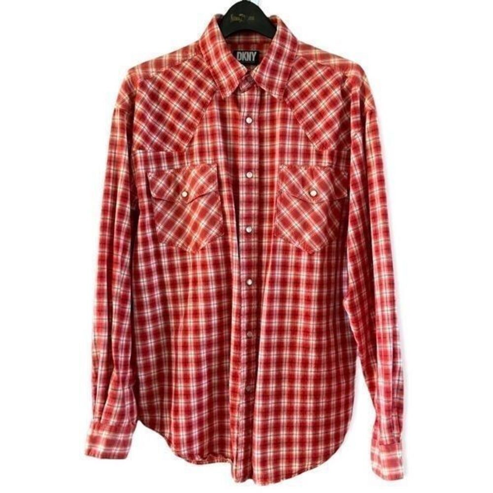 DKNY Mens Red Plaid Western Pearl Snap Shirt XL